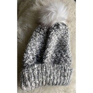 Ashley Stewart Knit Faux Fur Pom Beanie Winter Hat - Grey